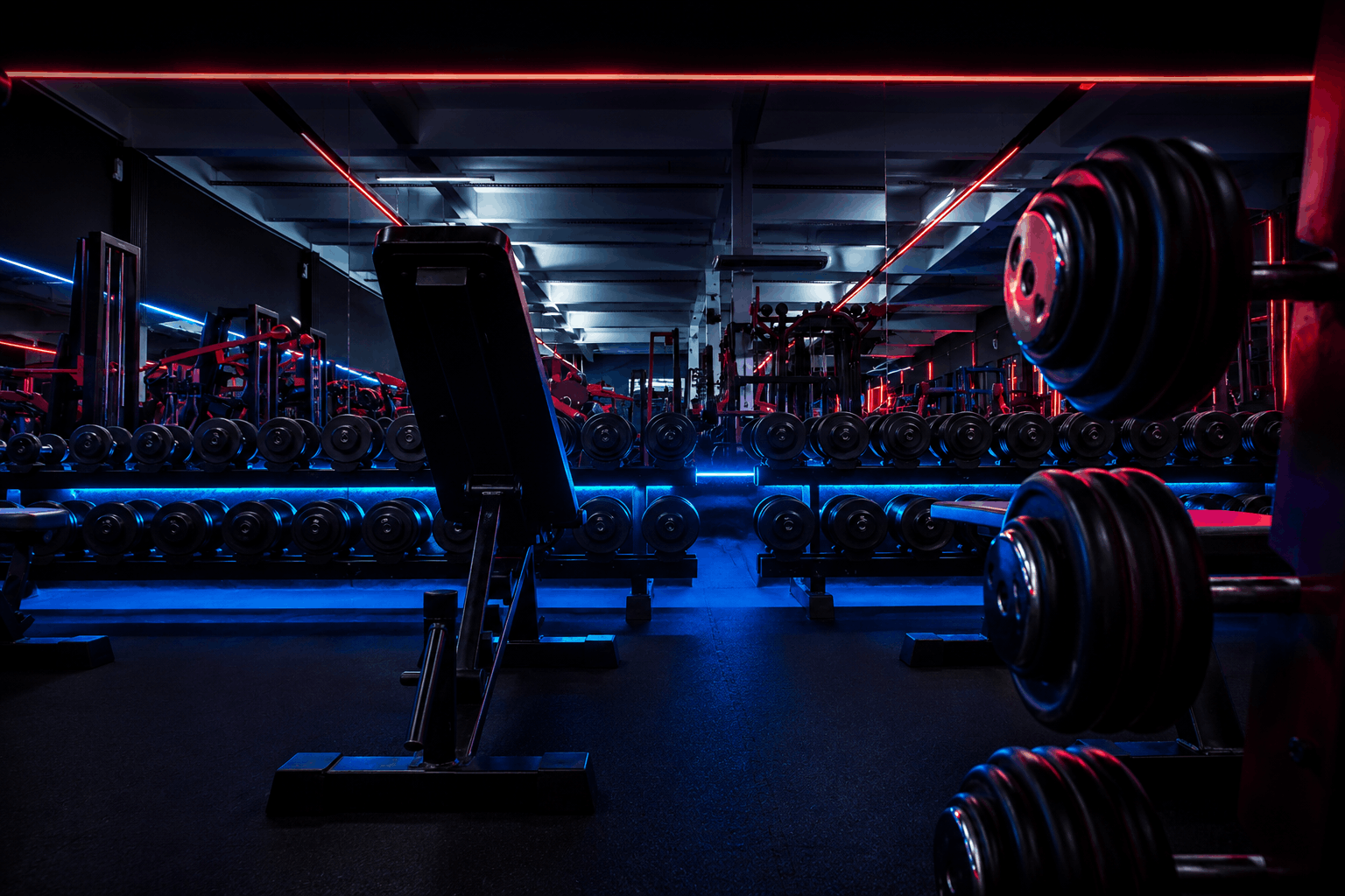 Innenansicht des Fitnessstudios der JB Athletics GmbH | Freihantelbereich mit verschiedenen Gewichten, Hantelbänken und Spiegelfront